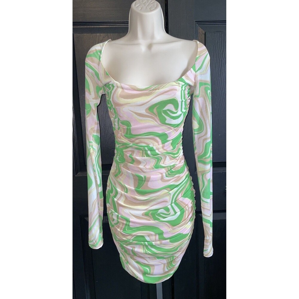 AFRM Los Angeles S Green Marble Mesh Ruched Bodycon Mini Dress Long Sleeve